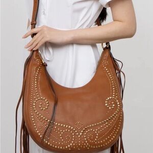 Brown Studded Leather Hobo Bag